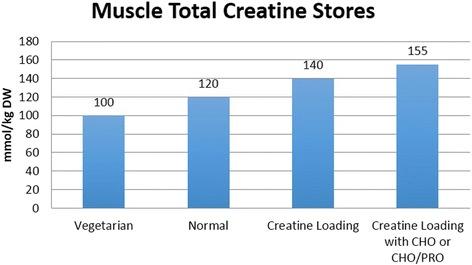 Total de reservas musculares de creatina em 4 grupos distintos: vegetarianos; onívoros; saturação de creatina; saturação de creatina com carbo ou carbo+prot