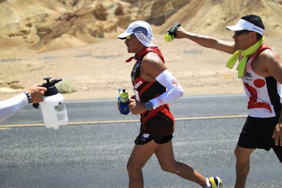 Oswaldo Lopez correndo em Death Valley durante a ultramaratona de Badwater. utilizando estratégias testadas durante o treino para climas quentes